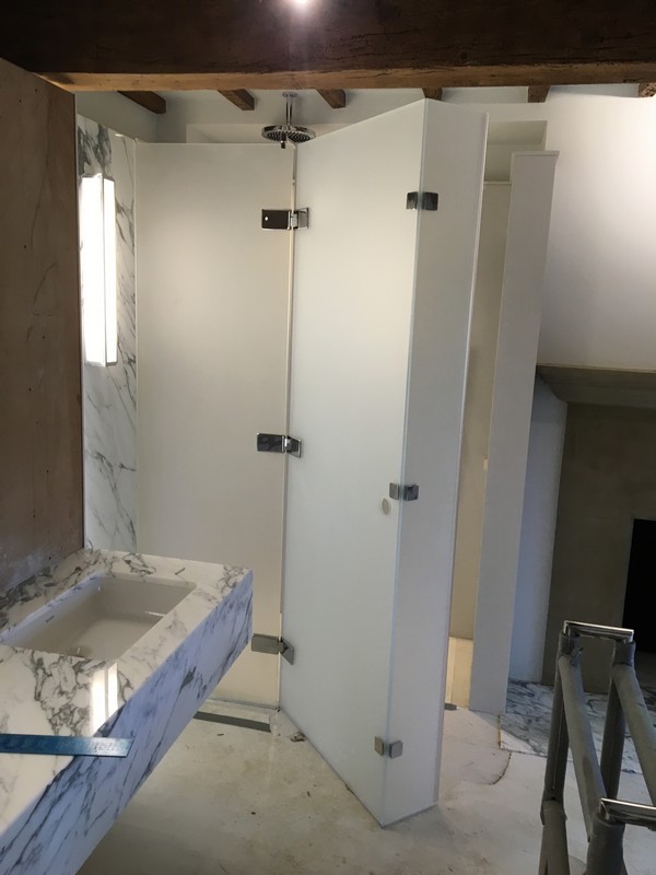 Bespoke frosted glass shower enclosure in West Kensington luxury bathroom